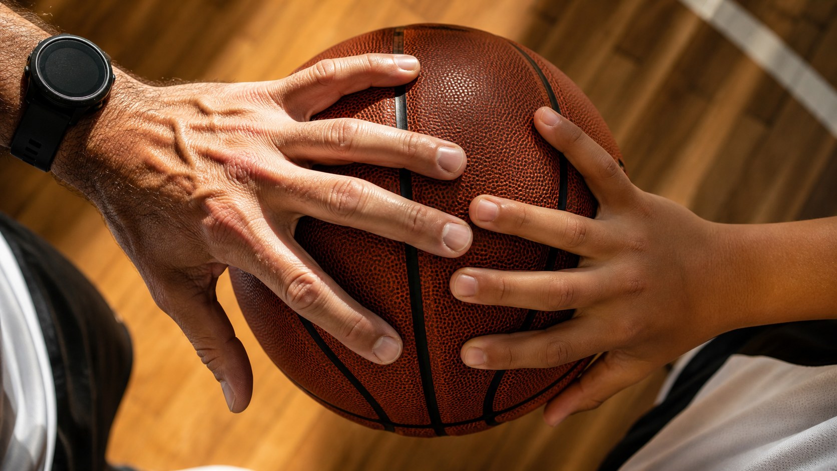 A coach's hand and a young player's hand both on the ball